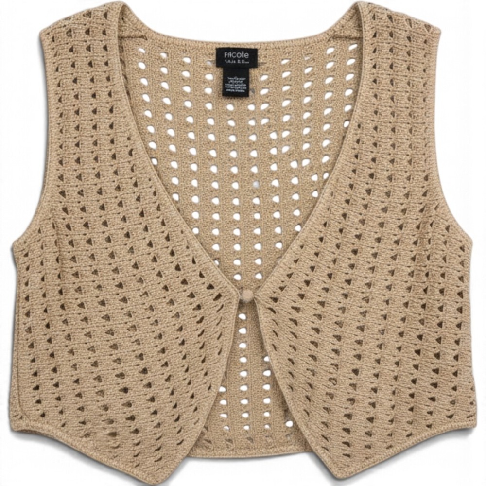 Nicole by Nicole Miller Tan Crochet Knit Vest Pointelle V-Neck Single Button L